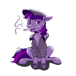 Size: 1000x1000 | Tagged: safe, artist:dafyra, imported from derpibooru, twilight sparkle, cigarette, clothes, female, hat, jacket, shoes, simple background, sitting, smoking, solo, white background