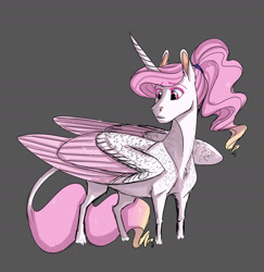 Size: 1600x1648 | Tagged: safe, artist:earthsong9405, imported from derpibooru, princess celestia, alicorn, classical unicorn, pony, colored wings, colored wingtips, female, hoers, leonine tail, pink-mane celestia, ponytail, simple background, solo, younger