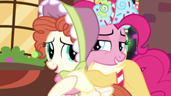 Size: 1920x1080 | Tagged: safe, imported from derpibooru, screencap, bow bonnet, pinkie pie, spirit of hearth's warming presents, a hearth's warming tail, female, hug, lidded eyes, mare, the little redheaded mare