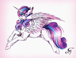 Size: 1024x783 | Tagged: safe, artist:scootiegp, imported from derpibooru, princess flurry heart, female, older, solo, spread wings, traditional art, unshorn fetlocks