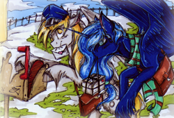 Size: 1024x697 | Tagged: safe, artist:scootiegp, imported from derpibooru, derpy hooves, princess luna, pegasus, pony, clothes, female, flying, letter, mailbag, mailbox, mailmare, mare, mouth hold, package, scarf, snow, traditional art, unshorn fetlocks