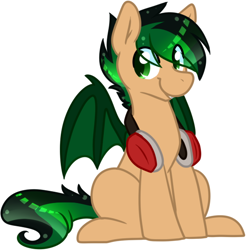 Size: 550x558 | Tagged: safe, artist:kawoshin, imported from derpibooru, oc, oc only, oc:melting, bat pony, pony, chibi, headphones, sitting, smiling, solo