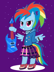 Size: 1500x2008 | Tagged: safe, artist:disty dusk, imported from derpibooru, rainbow dash, equestria girls, friendship through the ages, rainbow rocks, alternate hairstyle, clothes, ear piercing, earring, equestria girls outfit, female, fishnets, guitar, piercing, rainbow punk, skirt, solo