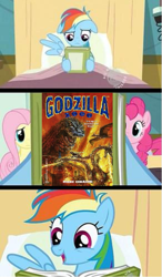 Size: 583x1001 | Tagged: safe, imported from derpibooru, rainbow dash, kaiju, exploitable meme, godzilla, godzilla (series), godzilla 2000 (novel), king ghidorah, marc cerasini, meme, obligatory pony, random house, reading rainbow, rodan