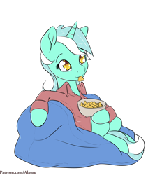 Size: 1200x1350 | Tagged: safe, artist:alasou, imported from derpibooru, lyra heartstrings, beanbag chair, bowl, chips, clothes, cute, female, food, lyrabetes, mouth hold, patreon, simple background, sitting, solo, transparent background