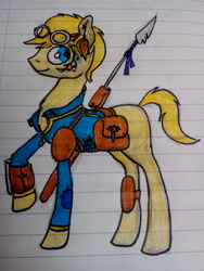 Size: 1920x2560 | Tagged: safe, artist:coolumbus, derpibooru exclusive, imported from derpibooru, pony, clothes, cute, fallout, fallout 2, jumpsuit, lined paper, pipboy, ponified, raised hoof, saddle bag, solo, spear, the chosen one, traditional art, tribal, vault suit, weapon