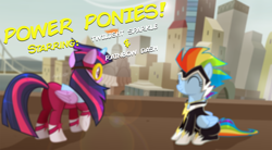 Size: 3572x1977 | Tagged: safe, artist:shutterflyeqd, imported from derpibooru, masked matter-horn, rainbow dash, twilight sparkle, zapp, alicorn, pegasus, pony, power ponies (episode), ^^, bridge, crystaller building, duo, eyes closed, female, lens flare, manehattan, mare, power ponies, raised hoof, sitting, superhero, twilight sparkle (alicorn), vector