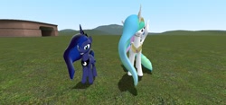 Size: 1280x600 | Tagged: safe, artist:ouranoscaelus, imported from derpibooru, princess celestia, princess luna, 3d, gmod, smiling