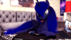 Size: 1920x1080 | Tagged: safe, artist:thelunagames, imported from derpibooru, princess luna, 3d, computer, couch, female, pepsi, prone, soda, soda can, solo, tongue out