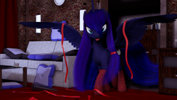 Size: 2560x1440 | Tagged: safe, artist:thelunagames, imported from derpibooru, princess luna, 3d, clothes, couch, female, looking at you, ribbon, socks, solo, spread wings, tongue out