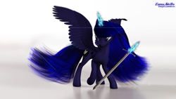 Size: 1920x1080 | Tagged: safe, artist:thelunagames, imported from derpibooru, princess luna, 3d, female, glowing horn, magic, raised hoof, solo, spread wings, sword, telekinesis, wallpaper, warrior luna, weapon