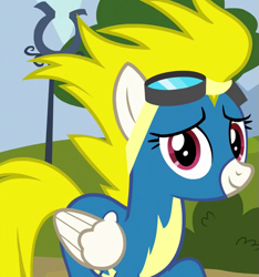 Size: 675x720 | Tagged: safe, imported from derpibooru, screencap, surprise, pony, newbie dash, clothes, female, solo, wonderbolts uniform