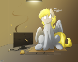 Size: 3000x2400 | Tagged: safe, artist:fluffyxai, imported from derpibooru, derpy hooves, pegasus, pony, bandaid, cheek fluff, chest fluff, colored pupils, computer, derpy hooves tech support, female, food, i just don't know what went wrong, mare, monitor, muffin, solo, watermark