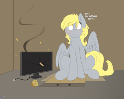 Size: 1280x1024 | Tagged: safe, artist:fluffyxai, imported from derpibooru, derpy hooves, pegasus, pony, bandaid, box, cheek fluff, chest fluff, computer, derpy hooves tech support, female, flat colors, food, i just don't know what went wrong, mare, monitor, muffin, no pupils, sitting, solo