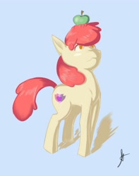 Size: 5526x7000 | Tagged: safe, artist:double-zr-tap, imported from derpibooru, apple bloom, absurd resolution, apple, balancing, cutie mark, female, food, simple background, solo, the cmc's cutie marks