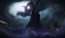 Size: 2125x1250 | Tagged: safe, artist:ncmares, imported from derpibooru, princess luna, spirit of hearth's warming yet to come, alicorn, pony, a hearth's warming tail, epic, female, glowing eyes, mare, night, solo, wallpaper