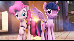 Size: 2560x1440 | Tagged: safe, artist:alcohors, artist:fd-daylight, imported from derpibooru, pinkie pie, twilight sparkle, alicorn, pony, 3d, collaboration, female, lens flare, looking at you, mare, source filmmaker, twilight sparkle (alicorn)