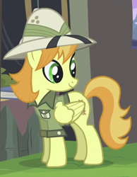 Size: 428x552 | Tagged: safe, imported from derpibooru, screencap, teddie safari, pegasus, pony, trade ya, animation error, daring do collector, female, floating hat, hat, race swap, solo