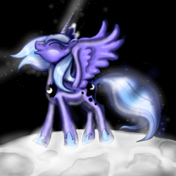 Size: 600x600 | Tagged: artist needed, safe, artist:steampunked, imported from derpibooru, princess luna, alicorn, dancing, eyes closed, female, happy, moon, s1 luna, solo, space