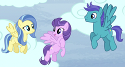 Size: 1160x624 | Tagged: safe, imported from derpibooru, screencap, clear skies, open skies, sunshower, pegasus, pony, tanks for the memories, background pony, cloud, cropped, female, flying, hoof on chest, male, mare, stallion, trio, who's on first?