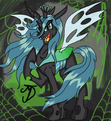 Size: 1748x1901 | Tagged: safe, artist:takutanuvataio, imported from derpibooru, queen chrysalis, changeling, changeling queen, crown, female, grin, jewelry, looking at you, open mouth, raised hoof, regalia, solo, spider web