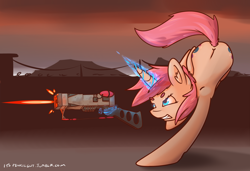 Size: 2500x1713 | Tagged: safe, artist:itspencilguy, imported from derpibooru, oc, oc only, oc:glimmerlight, pony, unicorn, fallout equestria, fallout equestria: murky number seven, back, cutie mark, energy weapon, fanfic, fanfic art, female, glowing horn, gritted teeth, gun, hooves, horn, laser rifle, levitation, magic, magical energy weapon, mare, shooting, solo, telekinesis, weapon