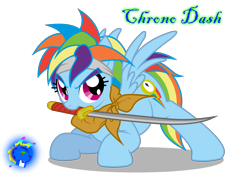 Size: 2414x1706 | Tagged: safe, artist:inkwell, imported from derpibooru, rainbow dash, pegasus, pony, chrono trigger, crono, crossover, female, katana, mare, mouth hold, simple background, solo, sword, transparent background, weapon