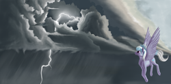 Size: 3496x1720 | Tagged: safe, artist:lightly-san, imported from derpibooru, cloudchaser, cloud, female, flying, lightning, sky, solo, thunderstorm