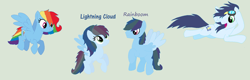 Size: 600x191 | Tagged: safe, artist:aquadusk, imported from derpibooru, rainbow dash, soarin', oc, oc:lightning cloud, oc:rainboom, pony, family, female, male, offspring, parent:rainbow dash, parent:soarin', parents:soarindash, shipping, simple background, soarindash, straight