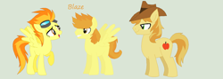 Size: 1024x363 | Tagged: safe, artist:aquadusk, imported from derpibooru, braeburn, spitfire, oc, oc:blaze, female, male, parent:braeburn, parent:spitfire, parents:spitburn, shipping, simple background, spitburn, straight