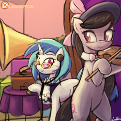 Size: 750x750 | Tagged: safe, artist:lumineko, imported from derpibooru, dj pon-3, octavia melody, vinyl scratch, earth pony, pony, unicorn, a hearth's warming tail, bipedal, hat, musical instrument, patreon, patreon logo, smiling, victrola scratch, violin