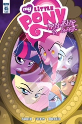 Size: 1054x1600 | Tagged: safe, artist:tonyfleecs, idw, imported from derpibooru, applejack, fluttershy, pinkie pie, rainbow dash, rarity, twilight sparkle, twilight sparkle (alicorn), alicorn, pony, ponies of dark water, spoiler:comic, spoiler:comic45, cover, mane six, mirror, reflection