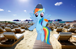 Size: 1697x1100 | Tagged: safe, imported from derpibooru, rainbow dash, backwards ballcap, hat, ibiza, irl, joke, photo, ponies in real life, vector