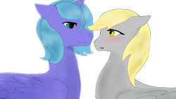 Size: 1360x768 | Tagged: safe, artist:sunshinkaaing, imported from derpibooru, derpy hooves, princess luna, pegasus, pony, blushing, female, lesbian, lunaderp, mare, s1 luna, shipping
