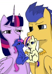 Size: 1000x1414 | Tagged: safe, artist:sunshinkaaing, imported from derpibooru, flash sentry, twilight sparkle, twilight sparkle (alicorn), oc, oc:britty sentry, oc:tiadjeff, alicorn, pony, female, flashlight, foal, male, mare, mouth hold, offspring, parent:flash sentry, parent:twilight sparkle, parents:flashlight, shipping, simple background, straight, vexel, white background