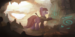 Size: 2500x1251 | Tagged: safe, artist:fuzzyfox11, imported from derpibooru, berry punch, cavern, clothes, female, jacket, runes, solo