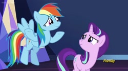 Size: 2048x1150 | Tagged: safe, imported from derpibooru, screencap, rainbow dash, starlight glimmer, the crystalling, discovery family logo, shrug