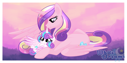 Size: 3232x1622 | Tagged: safe, artist:xwhitedreamsx, imported from derpibooru, princess cadance, princess flurry heart, alicorn, pony, baby flurry heart, caring eyes, child, cute, cutedance, daughter, duo, duo female, female, filly, filly flurry heart, flurrybetes, foal, mama cadence, mare, missing accessory, mother, mother and child, mother and daughter, on back, prone, smiling, spread wings, underhoof