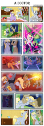 Size: 4000x11251 | Tagged: safe, artist:cherryblossomcake, artist:rated-r-ponystar, imported from derpibooru, derpy hooves, dinky hooves, dj pon-3, doctor whooves, princess celestia, princess luna, time turner, vinyl scratch, oc, oc:fausticorn, alicorn, earth pony, pegasus, pony, absurd resolution, alicorn oc, cewestia, comic, crying, cute, dalek, disco, doctor who, doctorderpy, female, filly, mailbag, mailmare, male, pink-mane celestia, prone, shipping, sonic screwdriver, straight, tardis, the doctor, time travel, woona