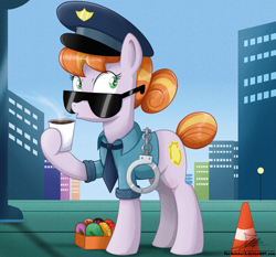 Size: 1871x1742 | Tagged: safe, artist:the-butch-x, imported from derpibooru, copper top, earth pony, pony, the gift of the maud pie, beverage, blowing, box, city, clothes, coffee, cuffs, cup, donut, drink, female, food, hot, mare, necktie, police officer, police uniform, signature, solo, sunglasses