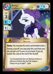 Size: 358x500 | Tagged: safe, imported from derpibooru, rarity, spike, alternate hairstyle, alternate timeline, ccg, enterplay, marks in time, merchandise, night maid rarity, nightmare takeover timeline, quote