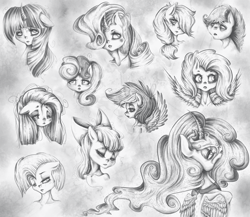 Size: 2300x2000 | Tagged: safe, artist:lunar-sugar, imported from derpibooru, apple bloom, applejack, babs seed, fluttershy, pinkie pie, princess luna, rainbow dash, rarity, scootaloo, sweetie belle, twilight sparkle, black and white, cutie mark crusaders, grayscale, mane six, monochrome