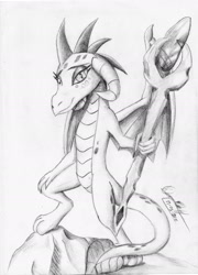 Size: 1681x2335 | Tagged: safe, artist:3500joel, imported from derpibooru, princess ember, dragon, bloodstone scepter, dragon lord ember, female, grayscale, looking at you, monochrome, smiling, solo, traditional art