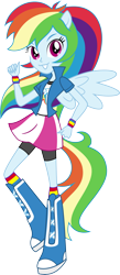 Size: 3000x6850 | Tagged: safe, artist:aqua-pony, imported from derpibooru, rainbow dash, equestria girls, absurd resolution, boots, clothes, compression shorts, female, inkscape, looking at you, ponied up, rainbow socks, raised leg, shorts, simple background, skirt, smiling, socks, solo, striped socks, transparent background, vector, wristband