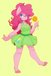 Size: 1440x2149 | Tagged: safe, artist:arachne149, imported from derpibooru, pinkie pie, anthro, unguligrade anthro, candy, clothes, dress, female, food, lollipop, looking at you, solo, unshorn fetlocks