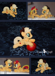 Size: 2384x3289 | Tagged: safe, artist:lanacraft, imported from derpibooru, applejack, sunset shimmer, earth pony, pony, unicorn, apple, food, irl, photo, plushie, prone