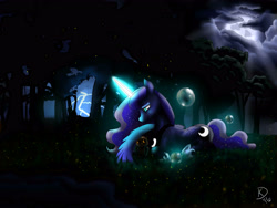 Size: 3600x2700 | Tagged: safe, artist:theoddlydifferentone, imported from derpibooru, princess luna, firefly (insect), owl, bubble, crepuscular rays, female, forest, lightning, magic, moon, night, prone, protecting, solo