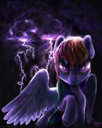 Size: 2000x2500 | Tagged: safe, artist:nemo2d, imported from derpibooru, rainbow dash, female, fluffy, lightning, rain, raised hoof, signature, solo, spread wings, stormcloud, wet mane