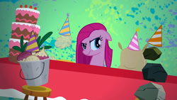 Size: 1280x720 | Tagged: safe, imported from derpibooru, screencap, madame leflour, mr. turnip, pinkie pie, rocky, sir lintsalot, pony, party of one, abstract background, bucket, cake, dust bunny, female, food, hat, mare, party hat, pinkamena diane pie, rock, sack, turnip