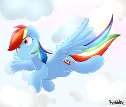 Size: 1280x1088 | Tagged: safe, artist:kribbles, imported from derpibooru, rainbow dash, pegasus, pony, cloud, female, flying, mare, signature, sky, smiling, solo, spread wings, wings